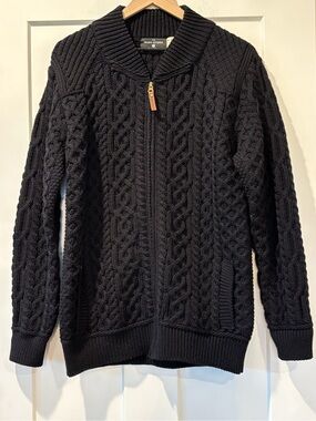 The Irish Store Men’s Merino Wool Black Fisherman Full-Zip Cardigan Excellent M
